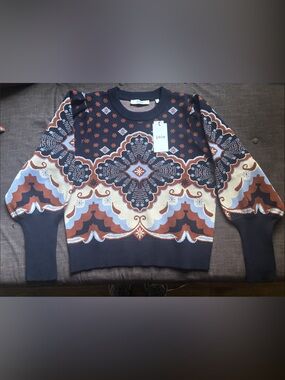 NWT Joie Navy Geometric Crewneck Sweater with Rust and Light Blue Accents